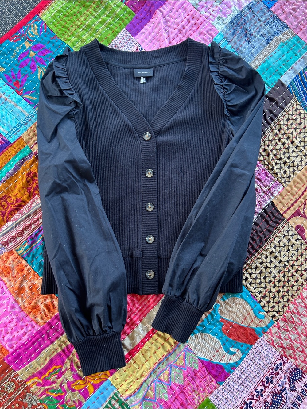 Who What Wear Black Button-Front Puff Sleeve Cardigan